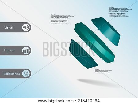 3D Illustration Infographic Template With Rotated Hexagon Divided To Three Parts Askew Arranged