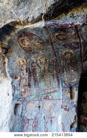 Interior of the cave church with early ortodox christian fresco Forty Sons in Law Church Kirkdamalti Kilise Guzelyurt Ihlara Valley Cappadocia Central Anatolia Turkey UNESCO.