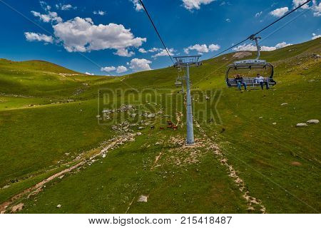 GODERDZI, ADJARA REGION, GEORGIA - 08 AUGUST 2017: New Cableway over majestic Adjaran mountain landscapes near Khulo village