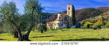 Abbey of Sant'Antimo in the heart of Tuscany between olive trees. Italy