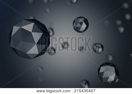 3D Illustration Abstract Background of low polygonal sphere with bokeh effects. Polygonal sphere in black background space. Futuristic Bacgkround for your design