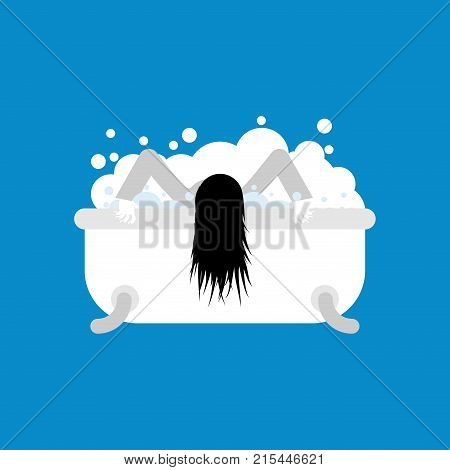 Zombie Girl In Bath Isolated. Dead Woman Washes. Vector Illustration For Halloween