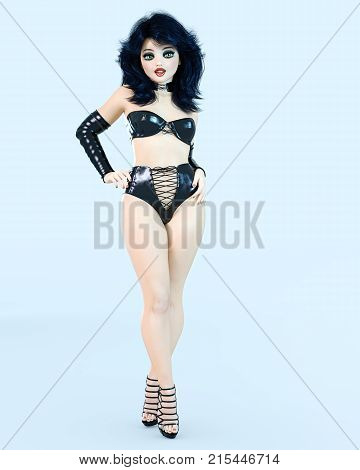 3D sexy girl doll big green eyes and bright makeup. Woman retro style black latex shorts bustier. High heel. Dark hair. Conceptual fashion art. Seductive candid pose. Realistic render illustration.