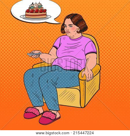 Pop Art Fat Woman Watching TV with Remote Controller and Dreaming about Sweet Food. Unhealthy Eating. Vector illustration