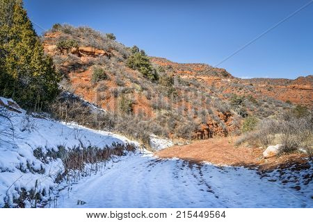 Ruby Wash - canyon trail in winter scenery, Red Mountain Open Space in northern Colorado