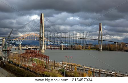 Sky Train Bridge, Pattullo Bridge and Railroad Track over the Fraser River between New Westminster and Surrey British Columbia