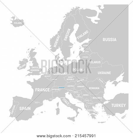 Liechtenstein marked by blue in grey political map of Europe. Vector illustration.