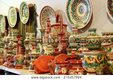 Kosiv town Ivano-Frankivsk region/ Ukraine. 26 October 2017: earthenware on the shelves of pottery shop. 26 October 2017 Kosiv town Ivano-Frankivsk region / Ukraine.