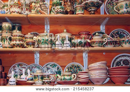 Kosiv town Ivano-Frankivsk region/ Ukraine. 26 October 2017: earthenware on the shelves of pottery shop. 26 October 2017 Kosiv town Ivano-Frankivsk region / Ukraine.