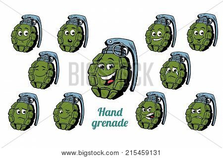 hand grenade emotions emoticons set isolated on white background. Comic book cartoon pop art illustration retro vector