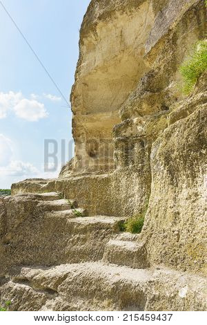 Steps carved into pescenica rocks in the cave city of Chufut Kale.  