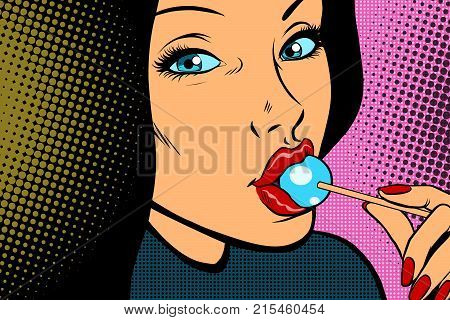 woman with Lollipop candy and sweets. Comic caricature vector pop art retro illustration drawing