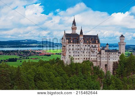 Neuschwanstein Castle Bavaria Germany Europe. Scenic view of famous fairytale german castle. Beautiful building in Bavarian Alps. Summer landscape. Popular landmark travel destination in Germany