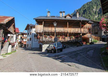 Italy Rocca Pietore - August 26 2016: the view of the typical street in Rocca Pietore on August 26 2016 Veneto Italy.