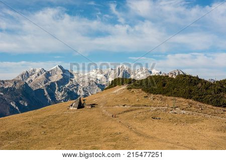 Late autumn mountain view at Triglav. Velika Planina, Slovenia.