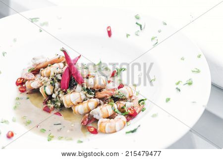 spicy garlic and wine prawns modern fusion gourmet food cuisine meal