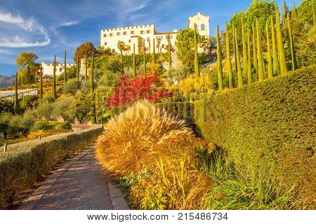 Merano town October 2014 During this time of year tourists visit the Garden of Castel Trauttmansdorff in Merano North Italy because even in autumn it is lush and flowered