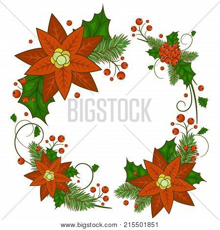 Christmas card with a wreath of berries, Holly, white flowers poinsettia . Invitation or greeting card. Stock vector.