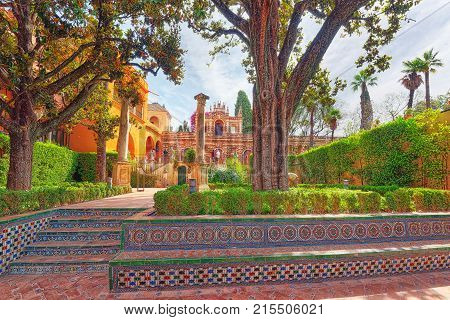 Panoramic View Of Inner Patio - Troy Garden ( Jardin De Troya)  Of The Royal Alcazar In Seville.
