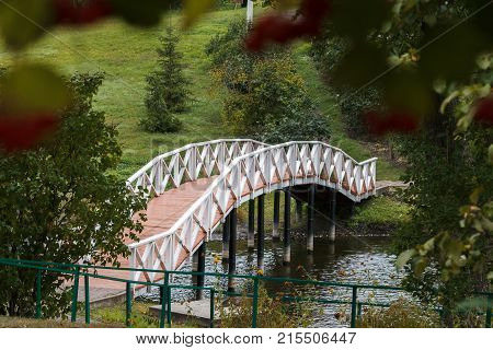 A small wooden bridge over the pond in the Park.