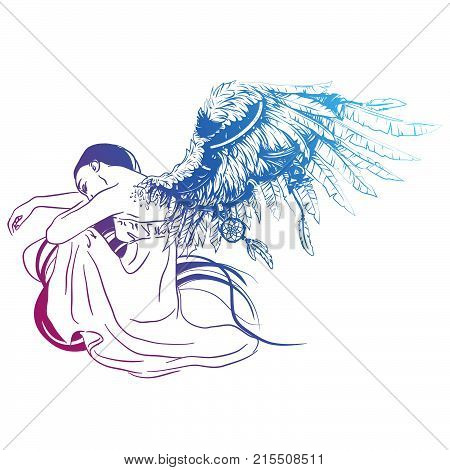 Vector illustration of sad angel with two faded