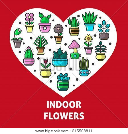 Indoor flowers and house plants heart poster. Vector line icons of exotic mushroom and succulent cactus, house petunia or gardenia blossom for decorative gardening or house garden planting