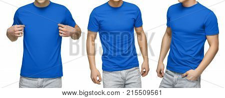 Young male in blank blue t-shirt, front and back view, isolated white background with clipping path. Design men tshirt template and mockup for print.