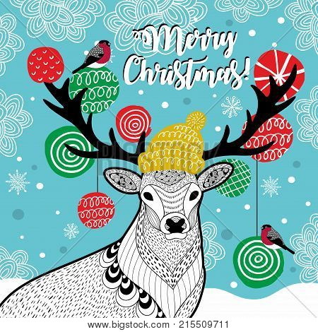 Creative vector card for Christmas. Vector illustration with deer in hat and bulfinch.
