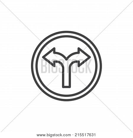 Crossroads spliting in two ways line icon, outline vector sign, linear style pictogram isolated on white. Fork junction traffic sign symbol, logo illustration. Editable stroke