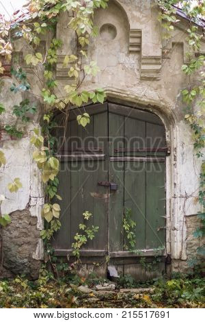 Old green door in the autumn park, Konig Palace, Ukraine.