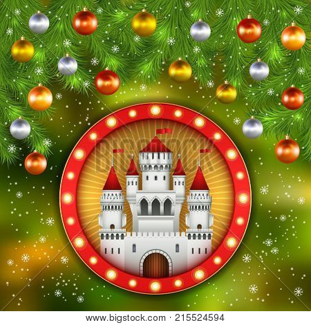 Christmas card with white castle, Christmas tree balls and branches of a Christmas tree. Christmas illustration with celebratory elements. White medieval castle with red flags on the spiers