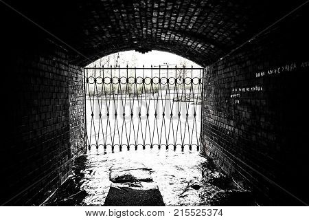 The picture is made of a tunnel overlooking the river Pregolya.