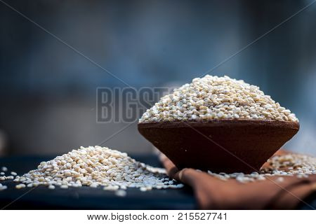 Vigna mungo, urad, Split Black gram, in a clay bowl.