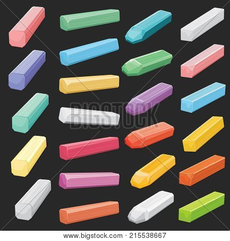 Color chalk pastel sticks, artist supplies vector set isolated. Chalk stick for drawing, vivid school chalk collection illustration