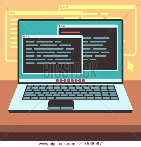 Java code on laptop screen. Programming and coding vector concept. Java coding program software, illustration of development and programming computer