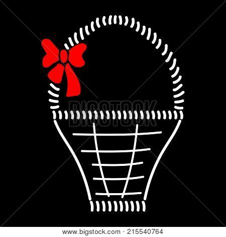 Basket with braid sign. Image of handmade weave. Color icon isolated on black background. Decorative wicker basket with red bow for gift. Logo for invitation or celebration. Stock vector illustration