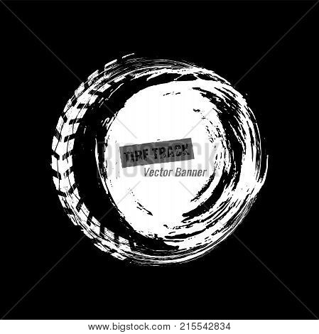 Vector automotive circle banner template. Grunge tire tracks element for off-raod and extreme design. Editable graphic white  image isolated on a dark grey backgrund.