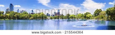 Scenic landscape park and skyscraper. Lake and trees.Scenery cityscape Bangkok Lumphini park