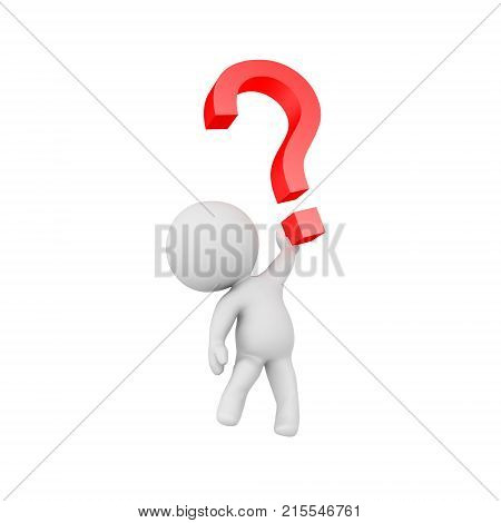 3D Character flying away holding a red question mark. Isolated on white.