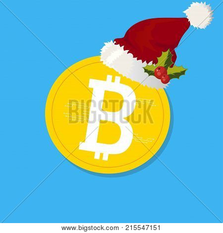 Bitcoin. Digital currency. Cryptocurrency. Golden coin with bitcoin symbol and Santa claus hat. Hapy ney year or merry christmass bitcoin