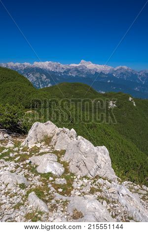 Mountainscape on sunny summer day with Triglav mountain peak in background