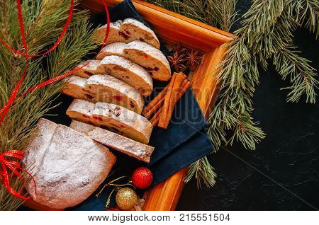 Slices Of Dresden Stollen With Dried Cranberies And Nuts. Festive European Dessert. Christmas Baking