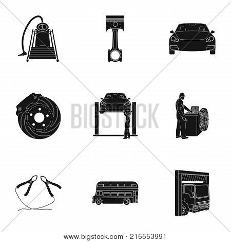 Car, lift, pump and other equipment black icons in set collection for design. Car maintenance station vector symbol stock illustration .