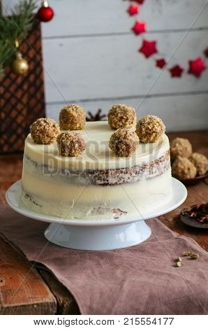 Homemade Fruity Hummingbird Cake With Spices And Pecan Nuts, Rustic Syle.