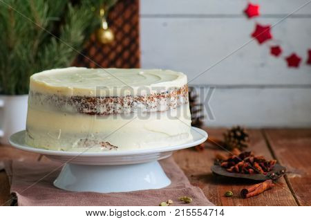 Homemade Fruity Hummingbird Cake With Spices And Pecan Nuts, Rustic Syle.