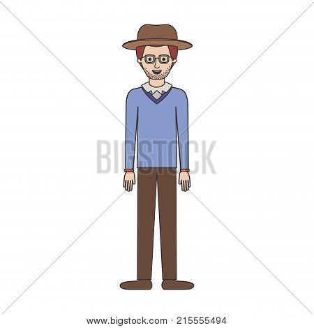 man with hat and glasses and sweater and pants and shoes with stubble beard on colorful silhouette vector illustration