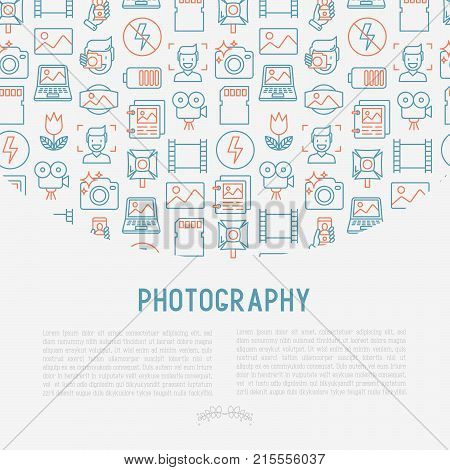 Photography concept with thin line icons of photographer, film, crop, flash, focus, light, panorama. Vector illustration for banner, web page, print media.