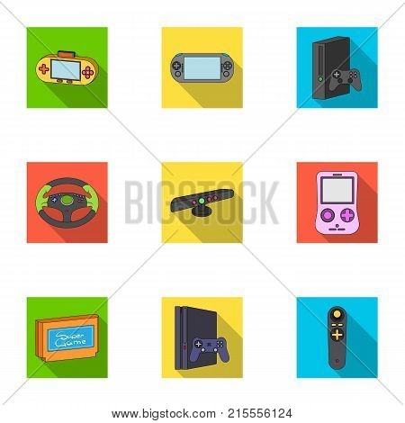 Game console and virtual reality flat icons in set collection for design.Game Gadgets vector symbol stock illustration.