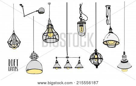 Collection of modern isolated loft lamps, vintage, retro style light bulbs. Hand drawn vector illustration