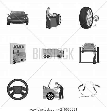 Car, lift, pump and other equipment monochrome icons in set collection for design. Car maintenance station vector symbol stock illustration .
